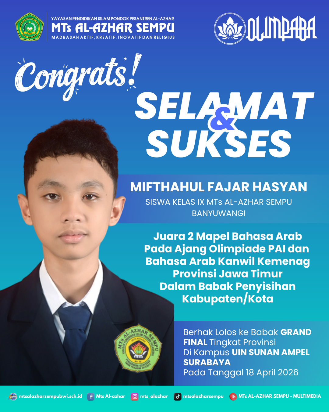 SISWA MTs AL-AZHAR SEMPU RAIH JUARA 2 OLIMPIADE BAHASA ARAB, LOLOS GRAND FINAL JATIM