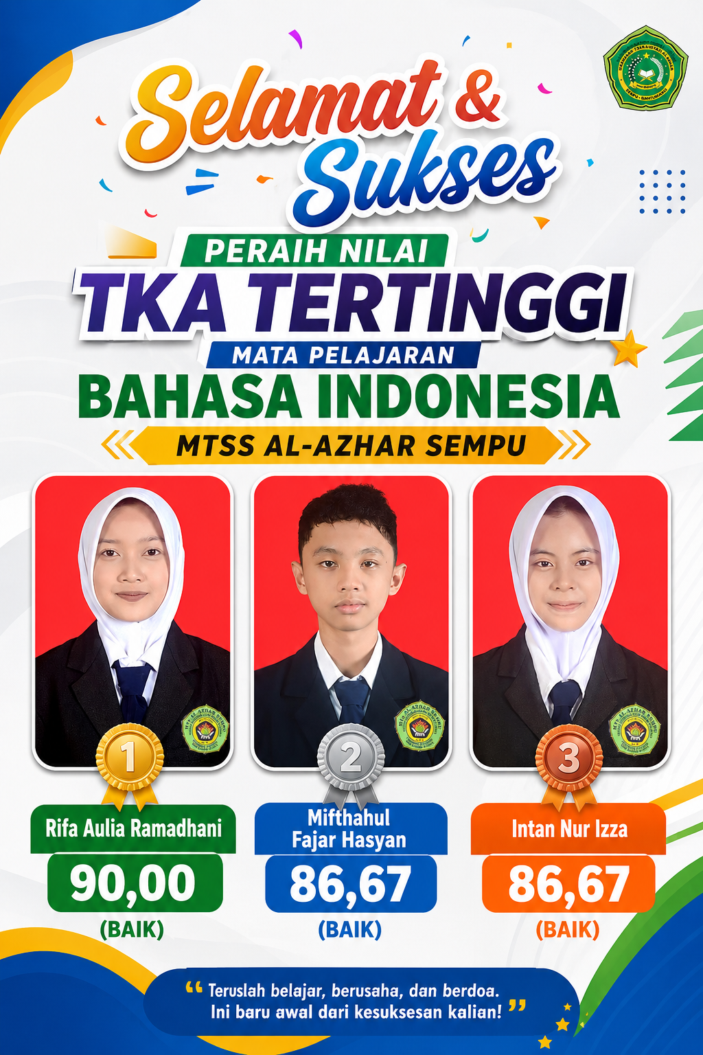 TIGA SISWA MTSS AL-AZHAR SEMPU RAIH NILAI TKA BAHASA INDONESIA TERTINGGI