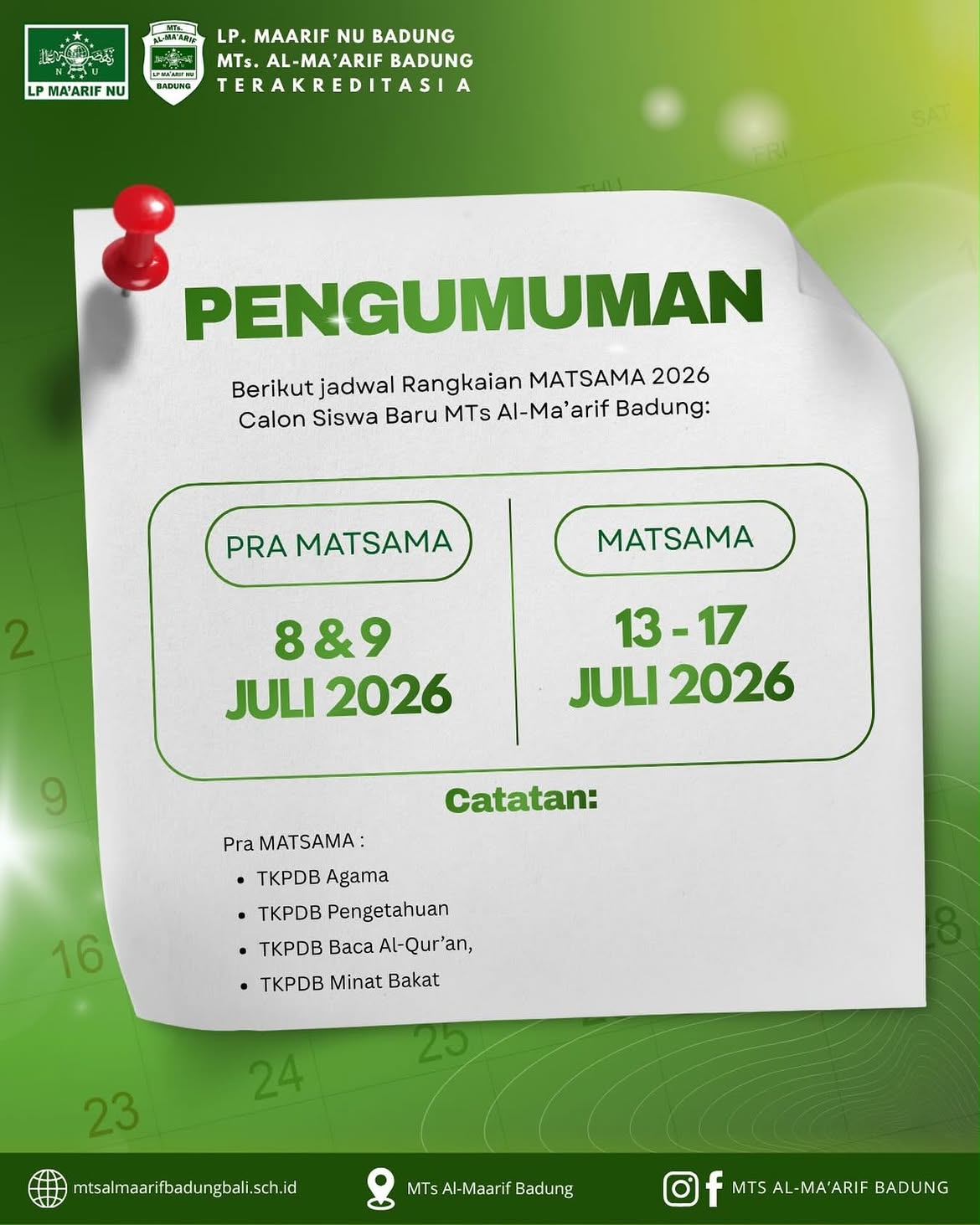 PENGUMUMAN RANGKAIAN MATSAMA 2026
