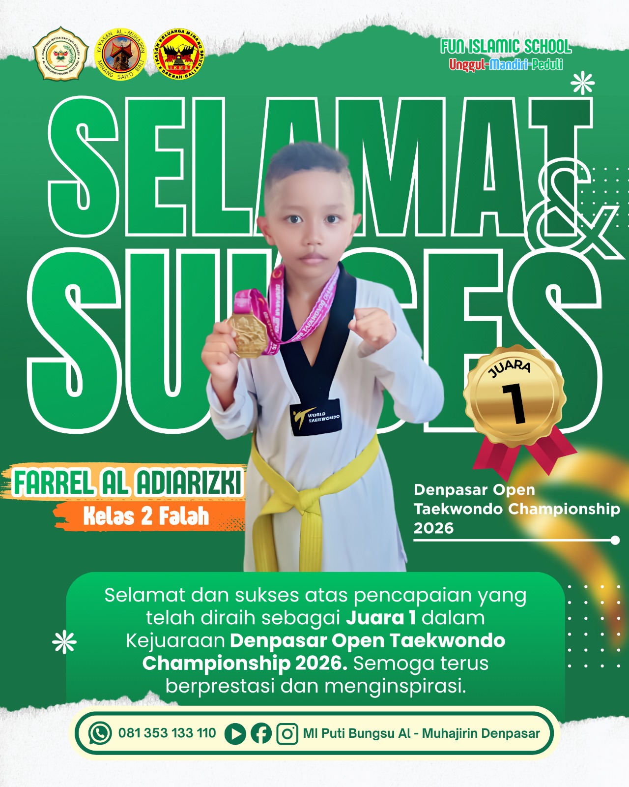 Membanggakan! Siswa MI Puti Bungsu Al Muhajirin Raih Juara 1 pada Denpasar Open Taekwondo Championship 2026