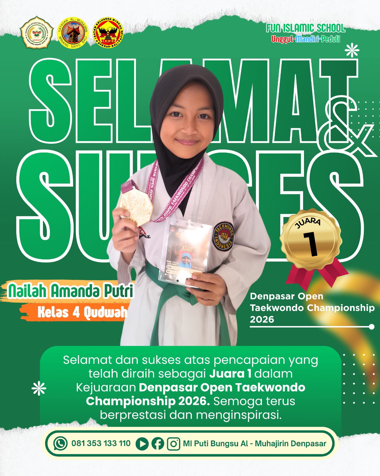 Tampil Gemilang di Arena Taekwondo, Nailah Amanda Putri Sabet Juara 1 Denpasar Open Taekwondo Championship 2026