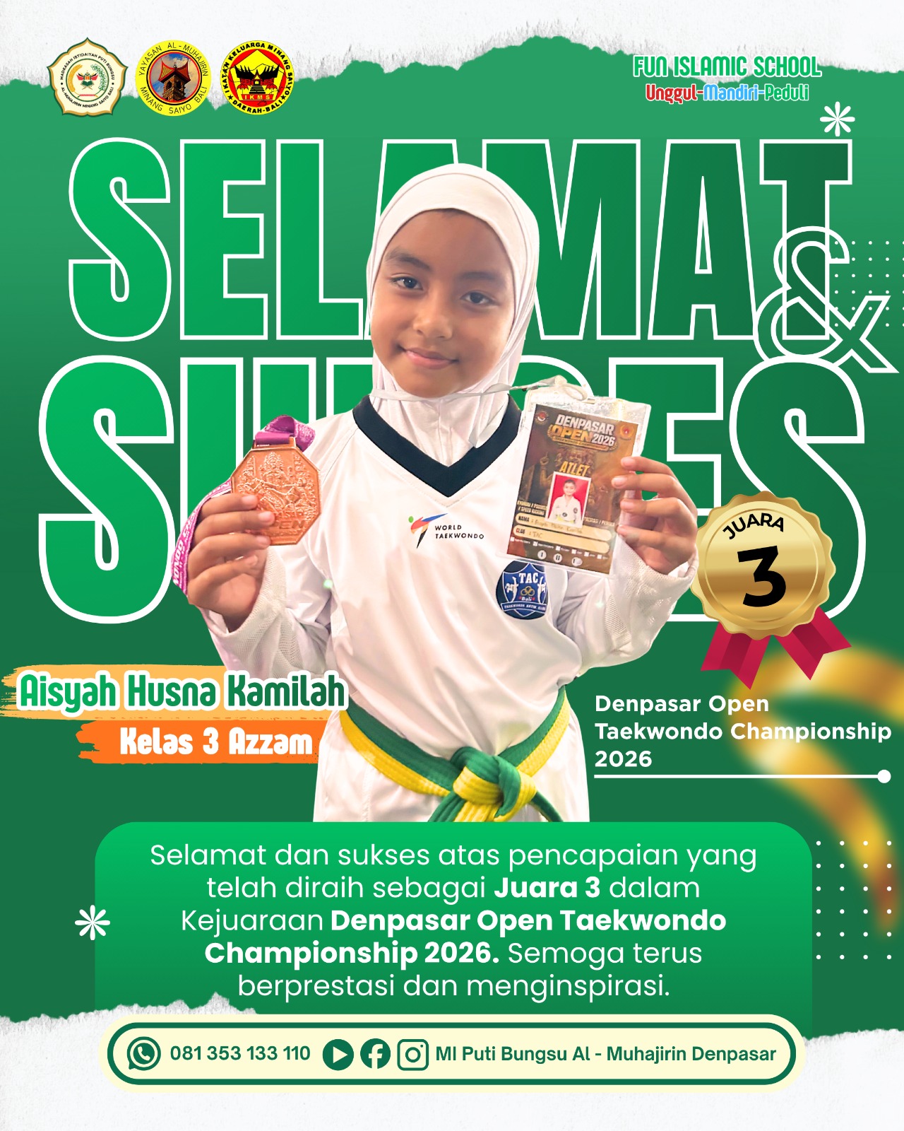 Semangat Pantang Menyerah Berbuah Prestasi, Aisyah Husna Kamilah Raih Juara 3 di ajang Denpasar Open Taekwondo Championship 2026