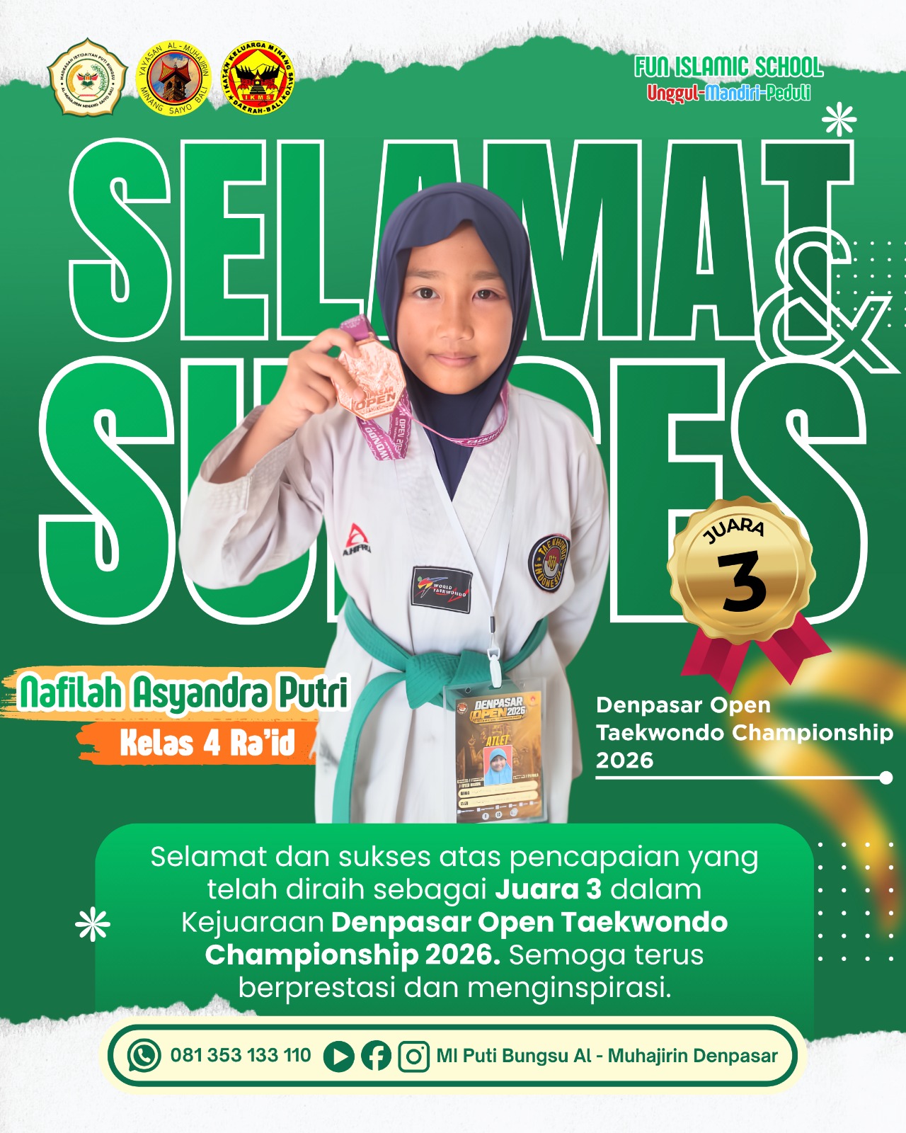 Banggakan Sekolah! Nafilah Asyandra Putri Raih Juara 3 pada Denpasar Open Taekwondo Championship 2026
