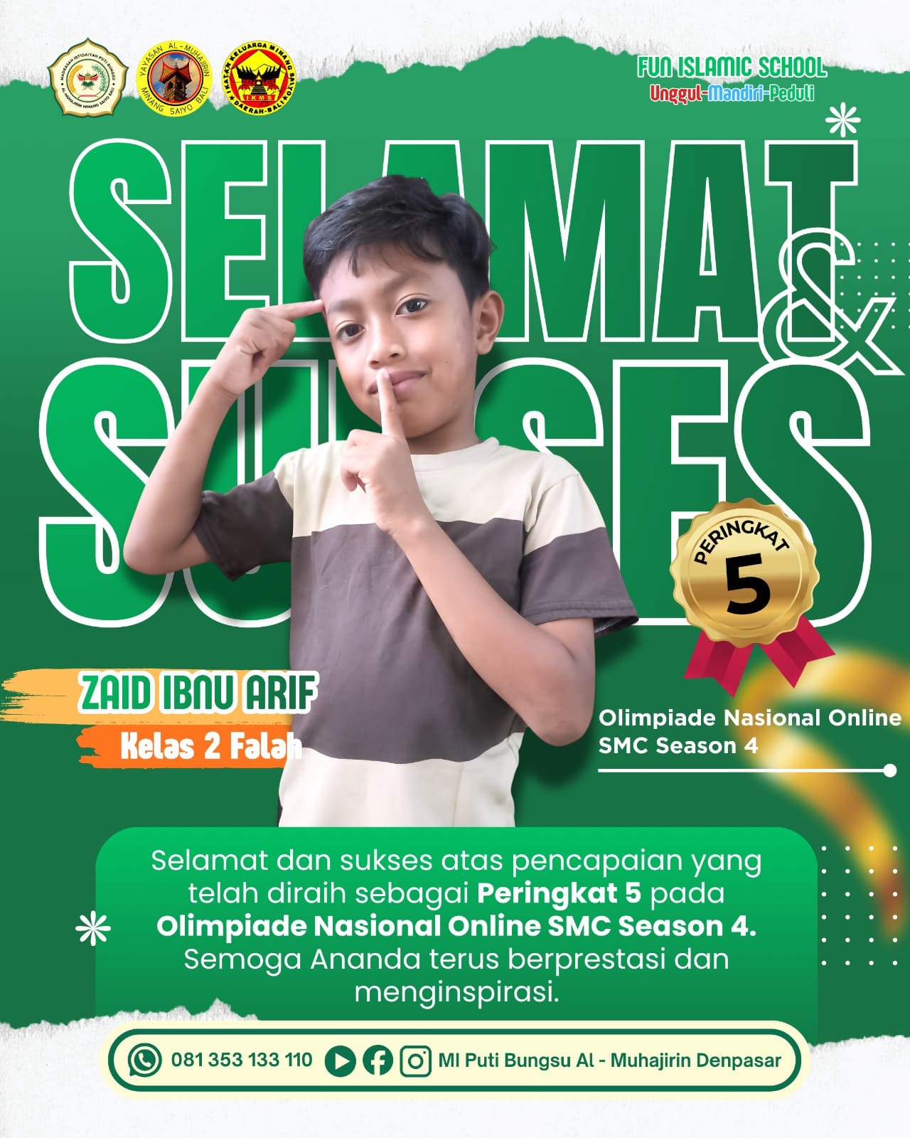 Membanggakan! Siswa MI Puti Bungsu Al-Muhajirin Raih Peringkat 5 Olimpiade Nasional Online SMC Season 4